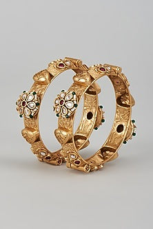 Gold Finish Kundan Polki & Multi-Colored Stone Temple Bangles (Set of 2)