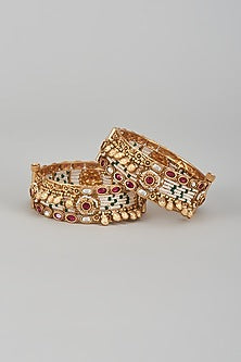 Gold Finish Kundan Polki & Multi-Colored Stone Temple Bangles (Set of 2)