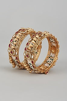 Gold Finish Kundan Polki & Multi-Colored Stone Temple Bangles (Set of 2)