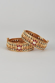 Gold Finish Kundan Polki & Multi-Colored Stone Temple Bangles (Set of 2)