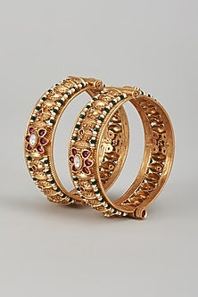 Gold Finish Kundan Polki & Multi-Colored Stone Temple Bangles (Set of 2)