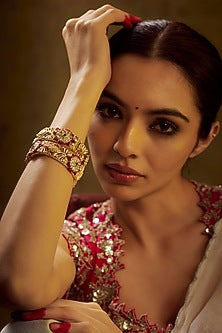 Gold Finish Kundan Polki & Multi-Colored Stone Temple Bangles (Set of 2)