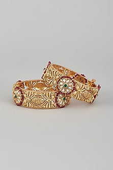 Gold Finish Kundan Polki & Multi-Colored Stone Temple Bangles (Set of 2)