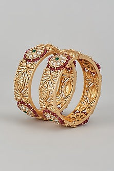 Gold Finish Kundan Polki & Multi-Colored Stone Temple Bangles (Set of 2)