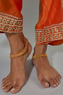 Gold Finish Kundan Polki Temple Anklets (Set of 2)