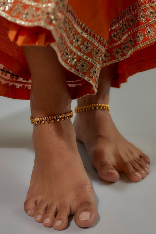 Gold Finish Kundan Polki Temple Anklets (Set of 2)