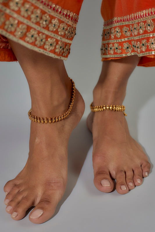 Gold Finish Kundan Polki Temple Anklets (Set of 2)