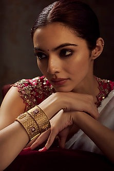 Gold Finish Kundan Polki & Multi-Colored Stone Temple Bangles (Set of 2)