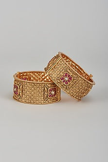 Gold Finish Kundan Polki & Multi-Colored Stone Temple Bangles (Set of 2)