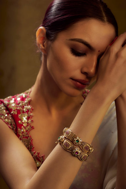 Gold Finish Kundan Polki & Multi-Colored Stone Temple Bangles (Set of 2)