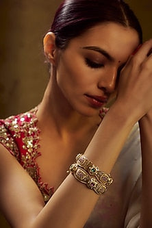 Gold Finish Kundan Polki & Multi-Colored Stone Temple Bangles (Set of 2)