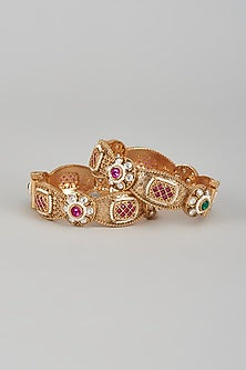Gold Finish Kundan Polki & Multi-Colored Stone Temple Bangles (Set of 2)