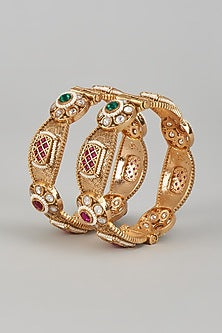 Gold Finish Kundan Polki & Multi-Colored Stone Temple Bangles (Set of 2)