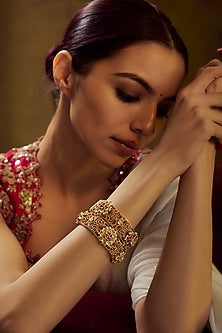 Gold Finish Kundan Polki & Multi-Colored Stone Temple Bangles (Set of 2)