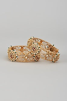 Gold Finish Kundan Polki & Multi-Colored Stone Temple Bangles (Set of 2)