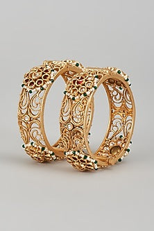 Gold Finish Kundan Polki & Multi-Colored Stone Temple Bangles (Set of 2)