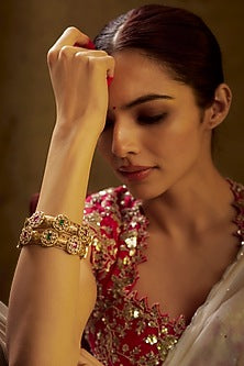 Gold Finish Kundan Polki & Multi-Colored Stone Temple Bangles (Set of 2)