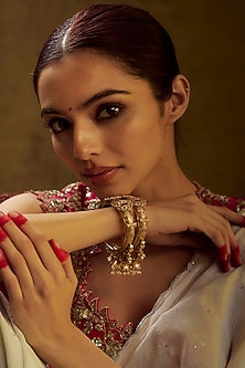 Gold Finish Kundan Polki & Multi-Colored Stone Temple Bangles (Set of 2)