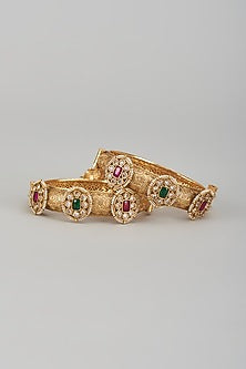 Gold Finish Kundan Polki & Multi-Colored Stone Temple Bangles (Set of 2)