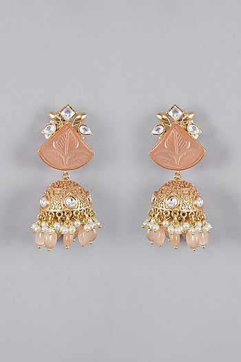 Gold Finish Kundan Polki & Pearl Jhumka Earrings