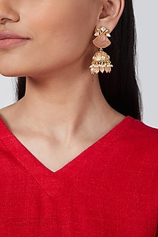 Gold Finish Kundan Polki & Pearl Jhumka Earrings