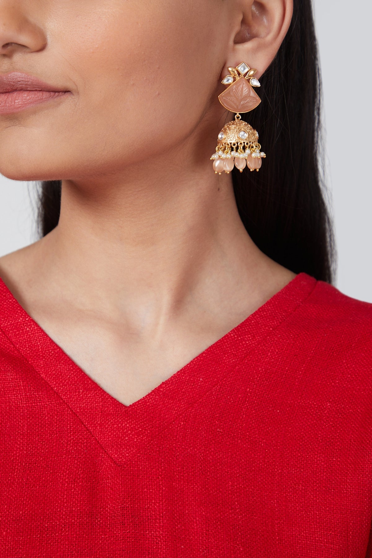 Gold Finish Kundan Polki & Pearl Jhumka Earrings