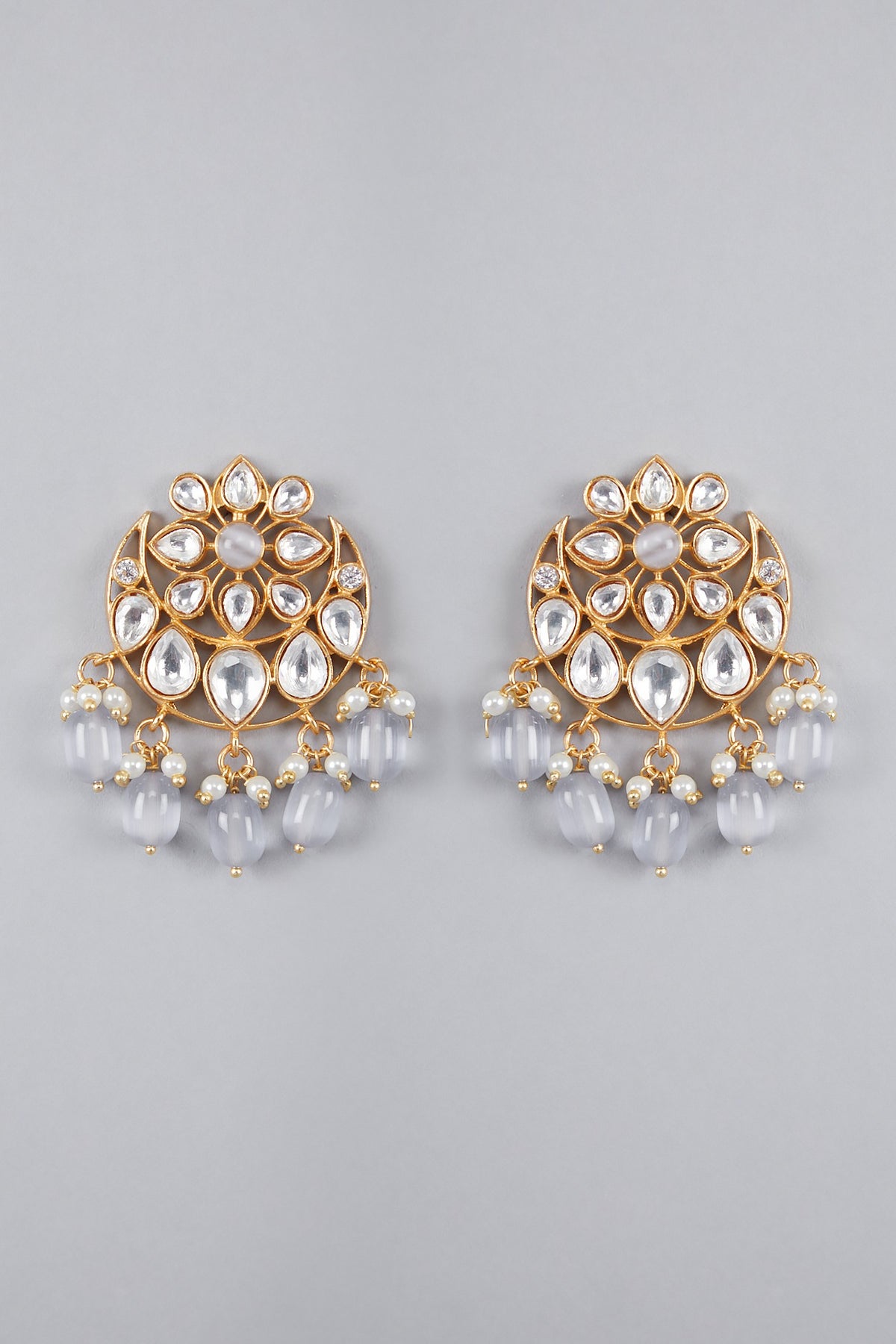 Gold Finish Kundan Polki & Grey Beaded Earrings