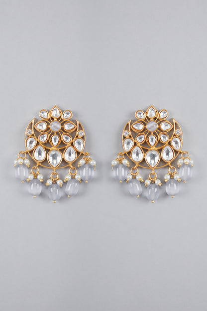 Gold Finish Kundan Polki & Grey Beaded Earrings