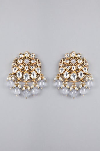 Gold Finish Kundan Polki & Grey Beaded Earrings