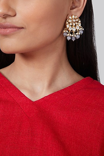 Gold Finish Kundan Polki & Grey Beaded Earrings