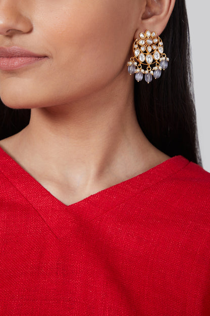 Gold Finish Kundan Polki & Grey Beaded Earrings