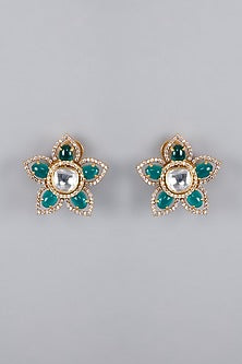 Gold Finish Green Stone Kundan Polki Earrings