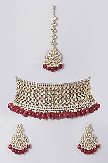 Two Tone Finish Kundan Polki & Red Beaded Choker Necklace Set