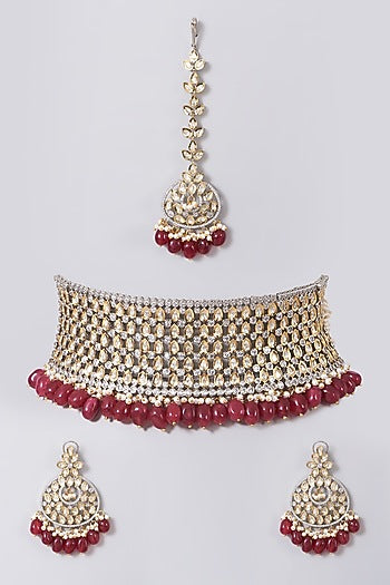 Two Tone Finish Kundan Polki & Red Beaded Choker Necklace Set