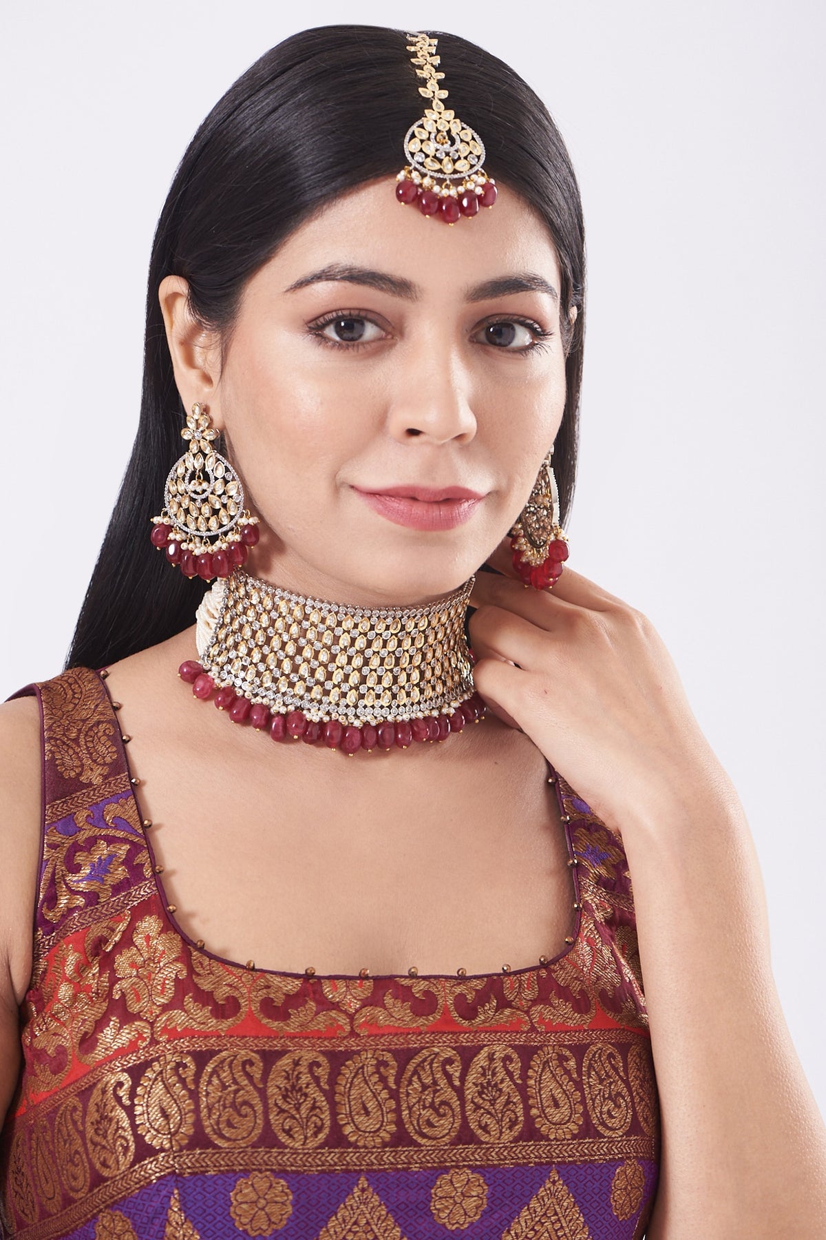 Two Tone Finish Kundan Polki & Red Beaded Choker Necklace Set