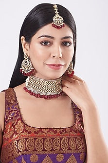Two Tone Finish Kundan Polki & Red Beaded Choker Necklace Set