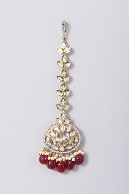 Two Tone Finish Kundan Polki & Red Beaded Choker Necklace Set