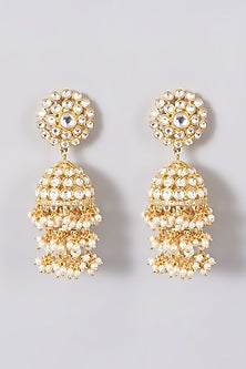 Gold Finish Kundan Polki & Pearls Jhumka Earrings