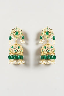 Gold Finish Kundan Polki & Green Synthetic Stone Dangler Earrings