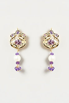 Gold Finish Kundan Polki & Purple Stone Long Necklace Set