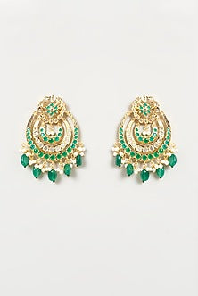 Gold Finish Kundan Polki & Green Synthetic Stone Chandbaali Earrings