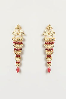 Gold Finish Kundan Polki & Red Drop Dangler Earrings