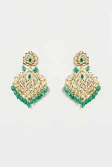 Gold Finish Kundan Polki & Green Synthetic Stone Dangler Earrings