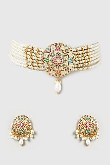 Gold Finish Kundan Polki & Pearl Choker Necklace Set