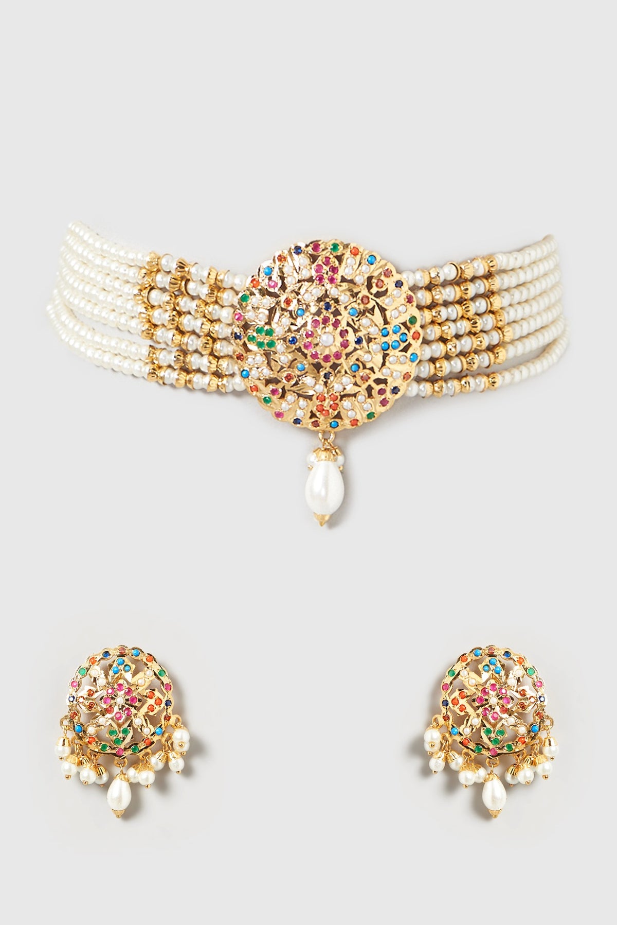 Gold Finish Kundan Polki & Pearl Choker Necklace Set