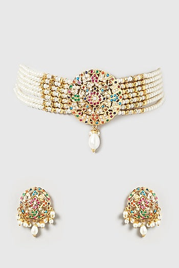 Gold Finish Kundan Polki & Pearl Choker Necklace Set