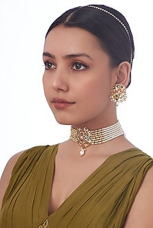 Gold Finish Kundan Polki & Pearl Choker Necklace Set