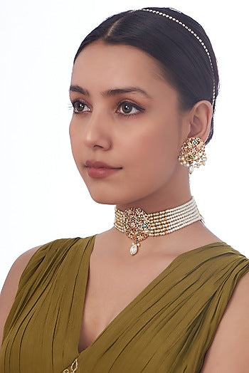 Gold Finish Kundan Polki & Pearl Choker Necklace Set