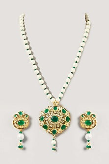 Gold Finish Kundan Polki & Green Stone Long Necklace Set