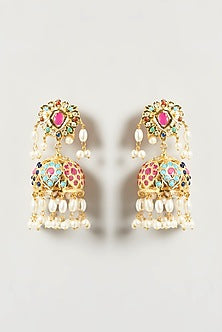 Gold Finish Kundan Polki & Beaded Jhumka Earrings
